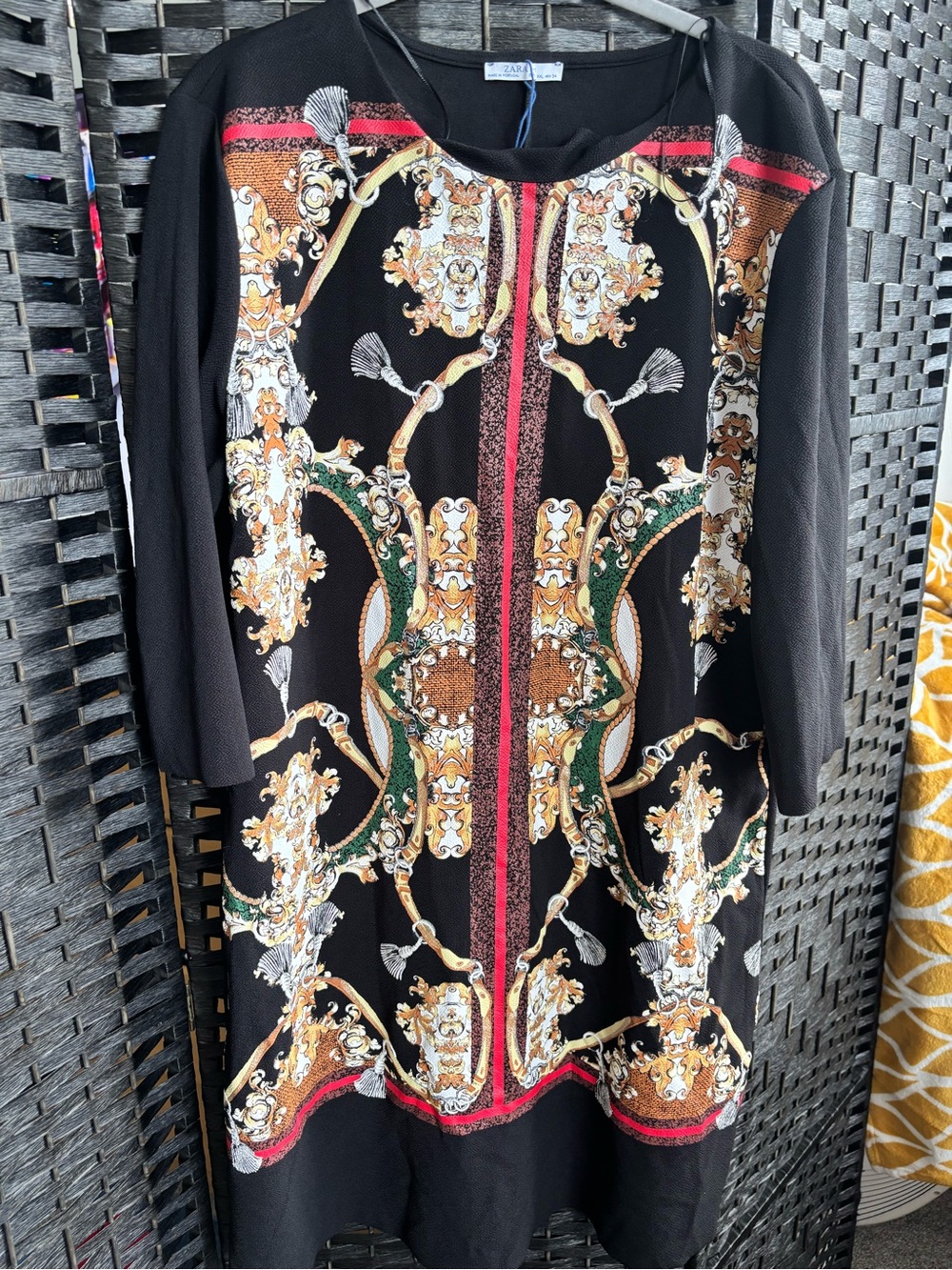 Zara Black Midi Dress with Gold, Green & Red Baroque Print